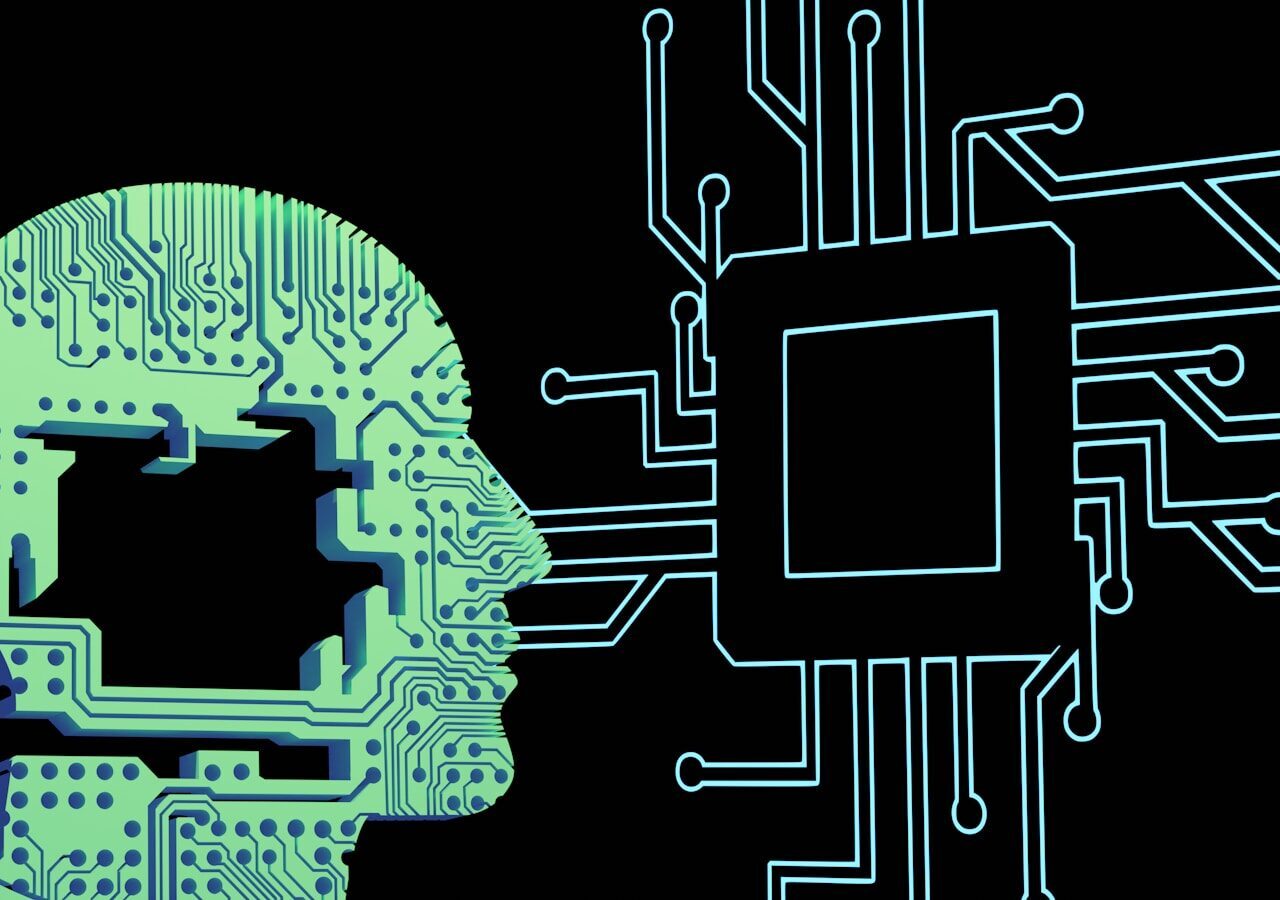 a person's head with a circuit board in front of it