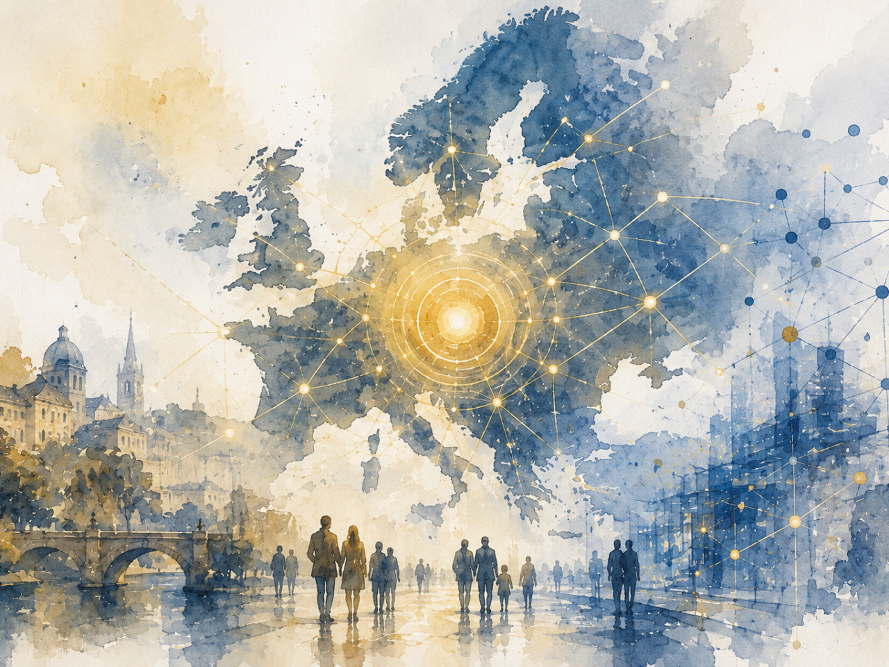 Artistic watercolor-style illustration depicting Europe as an interconnected network of people, institutions and digital connections surrounding a central source of light. The image symbolises trust, financial infrastructure and societal connectivity in a modern European context.