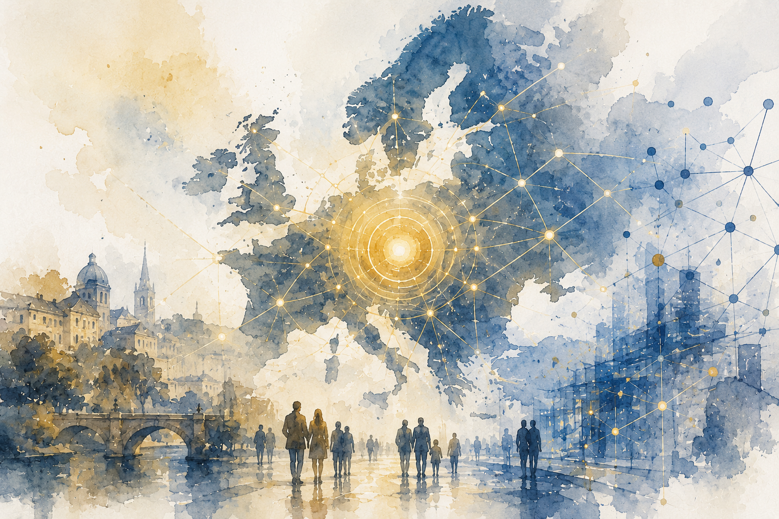Artistic watercolor-style illustration depicting Europe as an interconnected network of people, institutions and digital connections surrounding a central source of light. The image symbolises trust, financial infrastructure and societal connectivity in a modern European context.